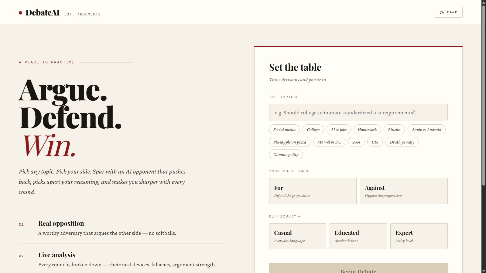 DebateAI website screenshot